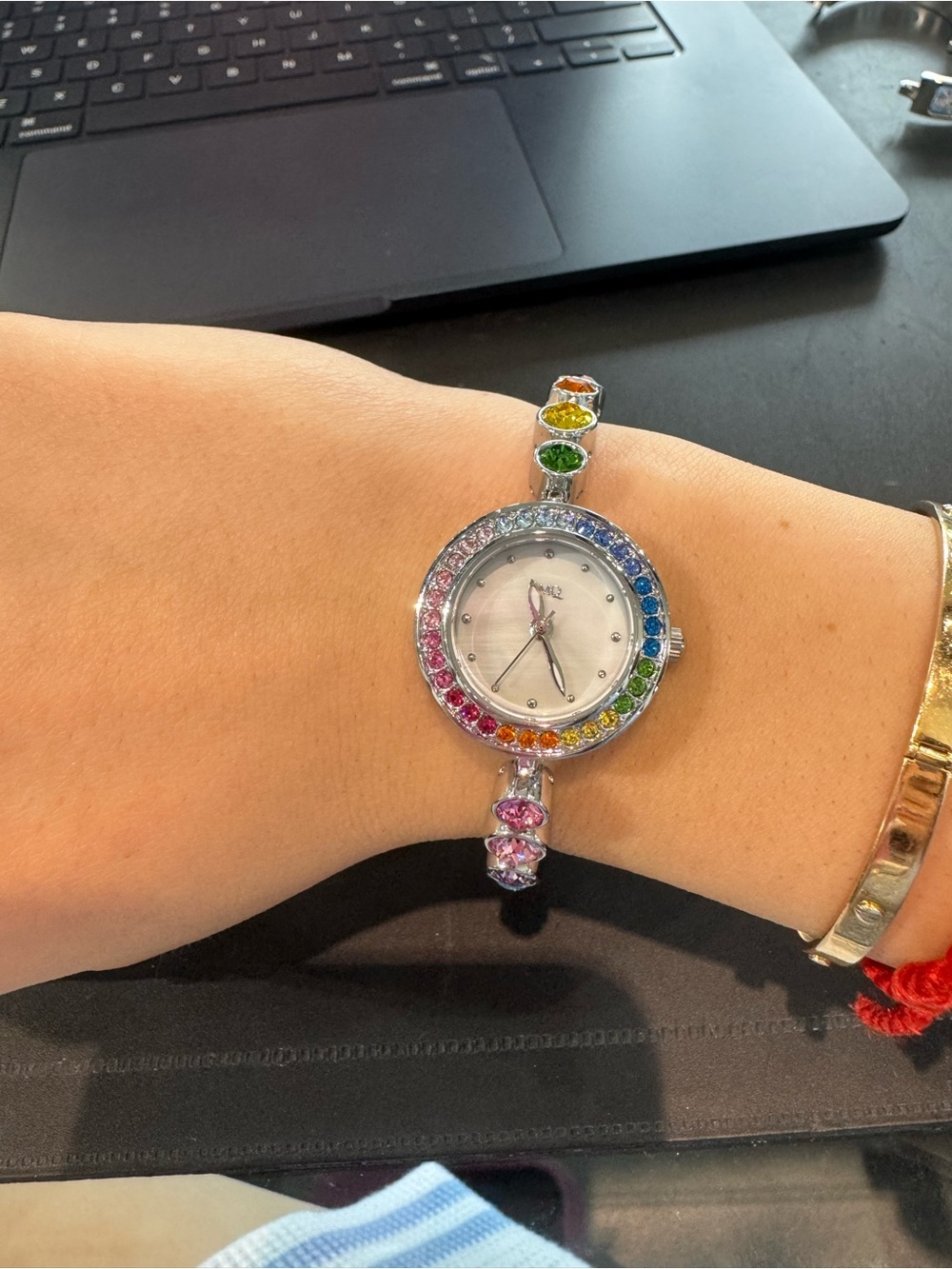 DMQ Diamonique Rainbow Crystal Gold Tone Bracelet Watch